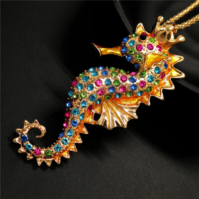Fashion Women Coloful Enamel Crystal Cute Seahorse Sweater Chain Necklace