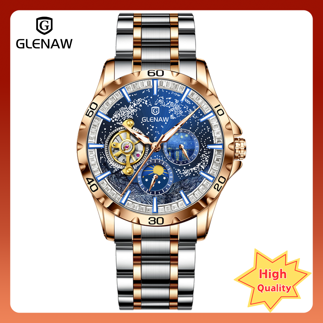 GLENAW Men's automatic mechanical watch skeleton tourbillon date luxury luminous