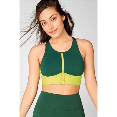Fabletics No-Bounce Sports Bra Zip-Up High Impact Crossback Green Yellow Large