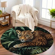 Jungle Leopard Print Round Floor Mat - Non-Slip Backing, Machine Washable Easy-C