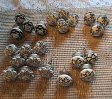 Black White Cream Rare Hand Painted Ceramic Knobs Cabinet Drawer Pulls 39 Pc