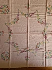 Vintage  linen pink floral embroidered tablecloth