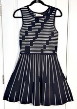 Eliza J Dress M Black White Geometric Fit Flare Stretch Knit Work Church Mod