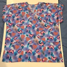 MHD Womens XL Scrub Top multicolor Hearts Butterflies Highly Decorated Violet