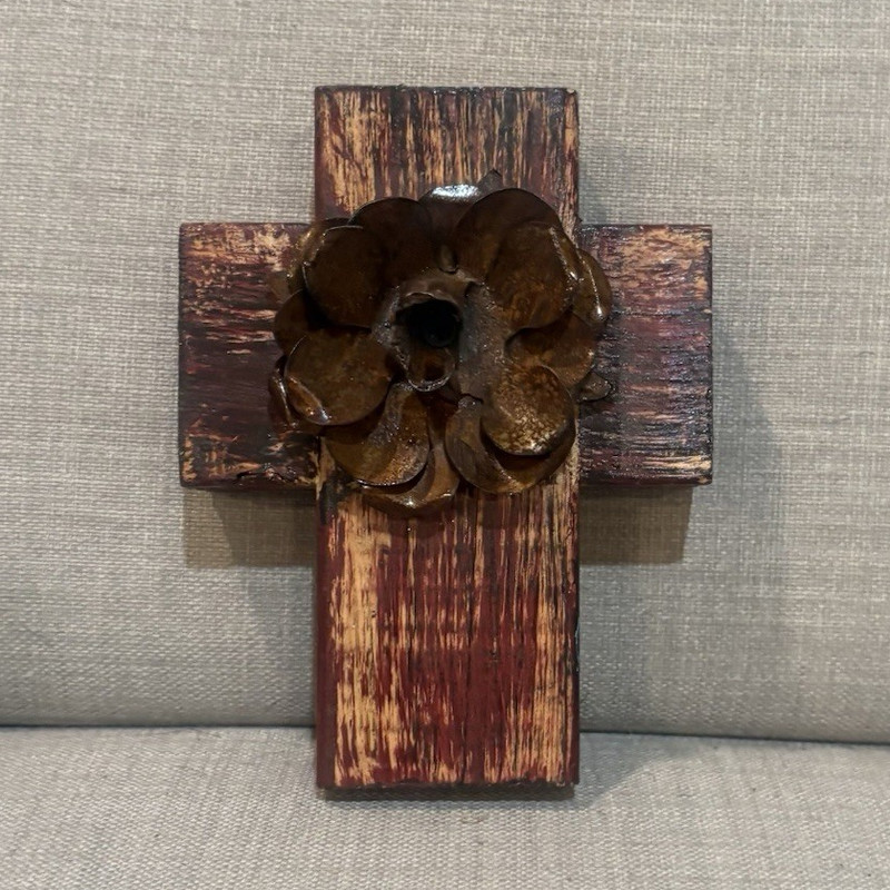 Wooden Cross Wall Decor for Christianity with Metal Flower Accent