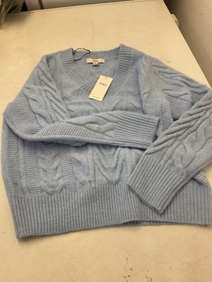 Brandneu strukturierter Pullover mit Zopfmuster und V-Ausschnitt Wolle Farbe Eisblau Large