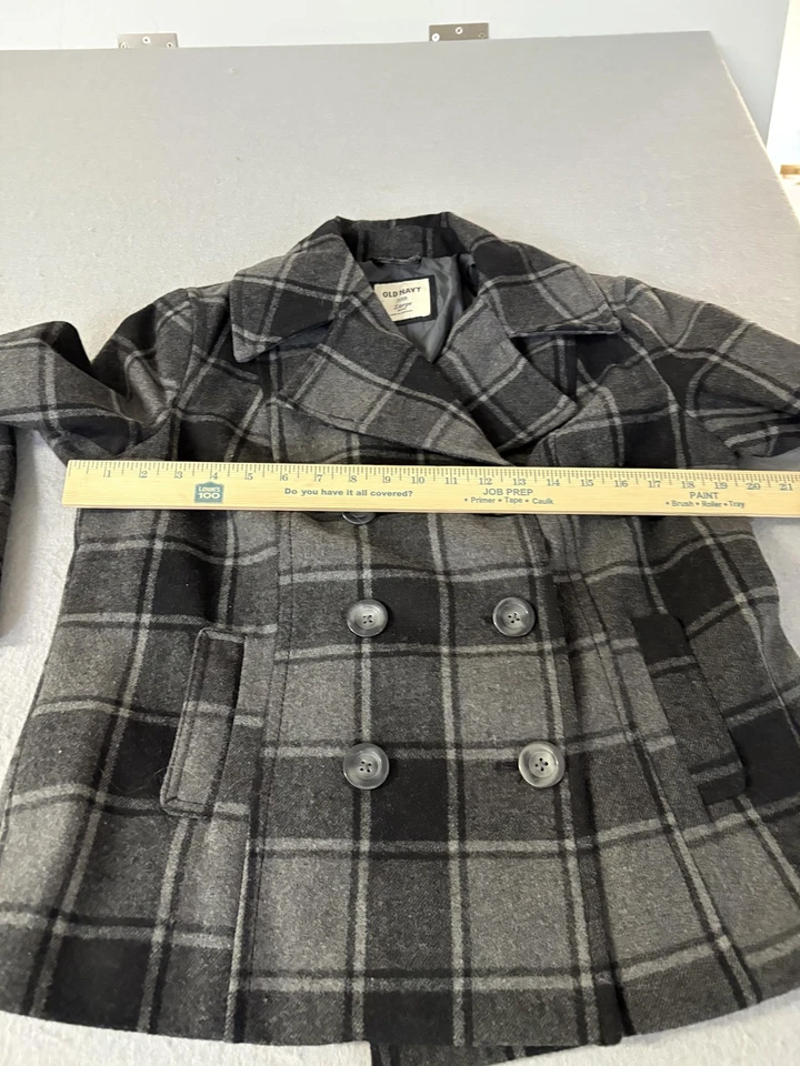 Old Navy Coat Womens Large Petite Gray Plaid Peacoat Wool Blend Double Breasted - Image 4 of 4