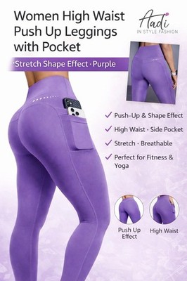 Damen High Waist Push-Up Leggings mit Tasche   Stretch Shape Effect   Lila
