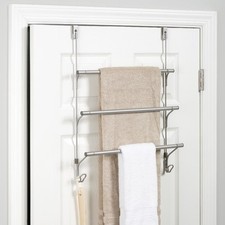 Mainstays SnugFit Over-Door 3-Tier Towel Bar  2 Hooks, No Tools, Satin Nickel  