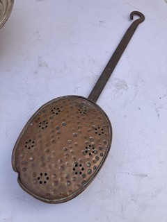 ANTIQUE CHESTNUT ROASTER COPPER PAN WITH LID. and WROUGHT IRON HANDLE