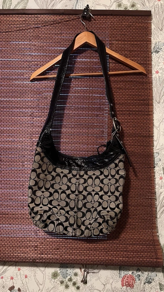 Coach Logo Denim Patent Leather Gray Black 12568 Zip Crossbody Hobo Bag Purse - Image 2 of 4