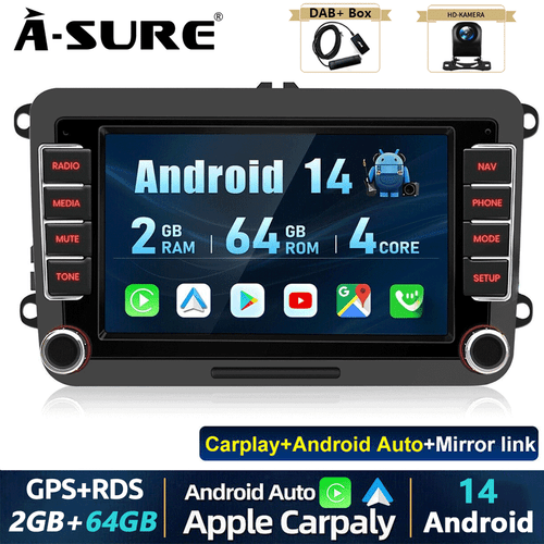 DAB+ 2 DIN CarPlay Android 14 2+64G Kam Autoradio Für VW GOLF 5 6 Tiguan Touran