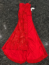 Sherri Hill 2 Red Sequin Floral Lace Sweetheart Long Gown Lined Strappy Zip