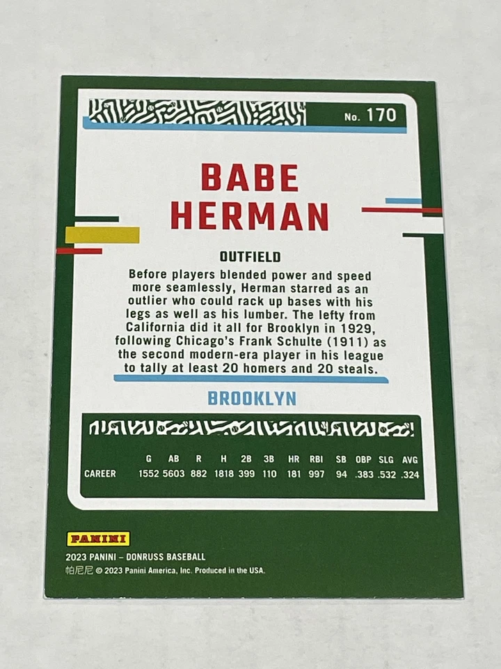 Holograma de béisbol Donruss 2023 Carolina azul #170 - Babe Herman - Brooklyn Robins Foto 2 de 2