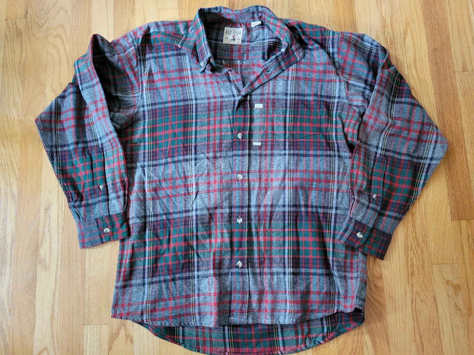 Red Head Flannel Shirt Mens, Red, Green Plaid Outdoors, Camping, Hiking,Work - L