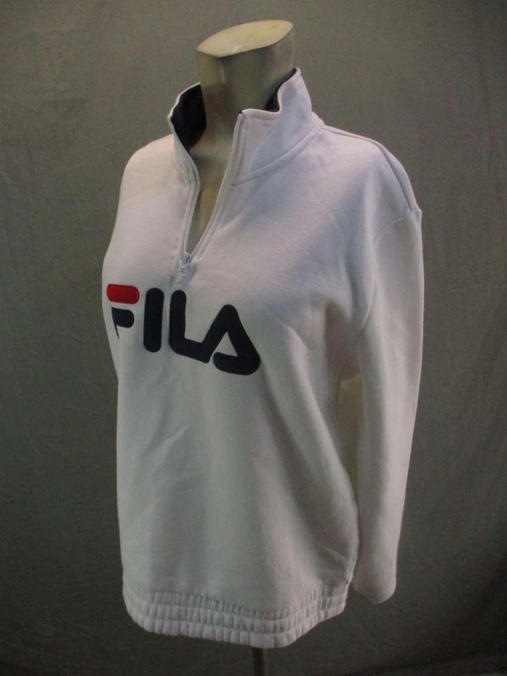 FILA Talla M Mujer Blanco 1/4 Cremallera Manga Larga Algodón Pullover Sudadera 7W089 Foto 3 de 4