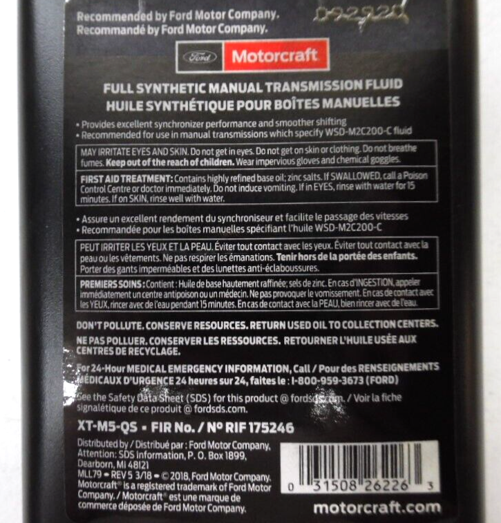 NEW OEM FORD/MOTORCRAFT PART XTM5QS FULL SYNTHETIC MANUAL TRANSMISSION