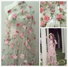 55" Wide Lace Fabric Organza 3D Pink Chiffon Rose Floral Embroidery DIY Dress