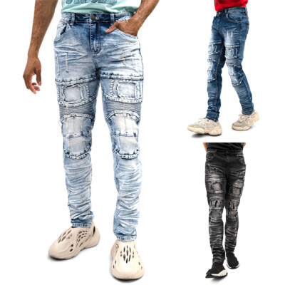 Victorious Men's Casual Distressed Stacked Washed Biker Denim Jeans DL1412