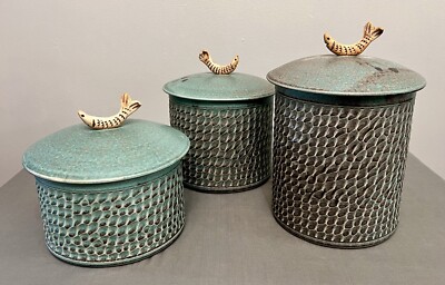 James Cornell Art Pottery Lidded Fish Flour, Sugar, & Coffee Storage Containers