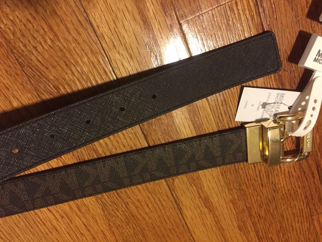 Michael Kors Womens Reversible Brown Logo Belt Gold Buckle  display picture 1