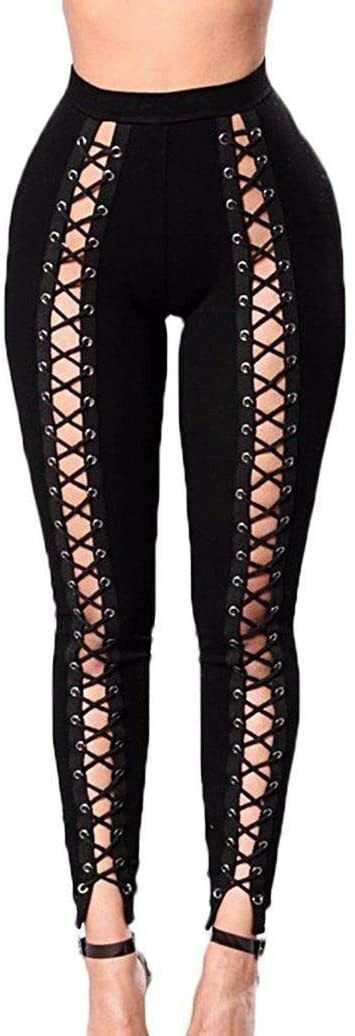 Womens Lace Up Front Workout Leggings Chic Punk Stretch Skinny