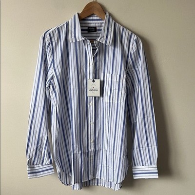NWT UNTUCKit Pinot Perse Blue White Striped Long Sleeve Button Down Shirt Size 8