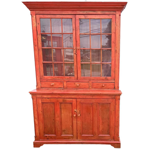 English One Piece Pine Step Back Cupboard in Red Wash