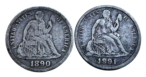 US 1890 S and 1891 Seated Liberty Dimes F - VF Silver 10 Cents (2pc)