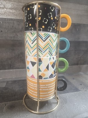 Target Spritz Oh Joy 4 Stacking Stoneware Pattern Mugs Cups W/ Stand Retired 4pc