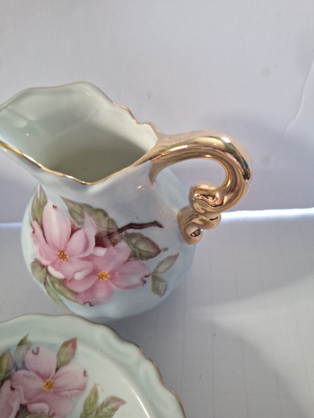 Lefton China Heritage Green/Pink Pitcher & Bowl - Hand Painted Vintage 1989 7251