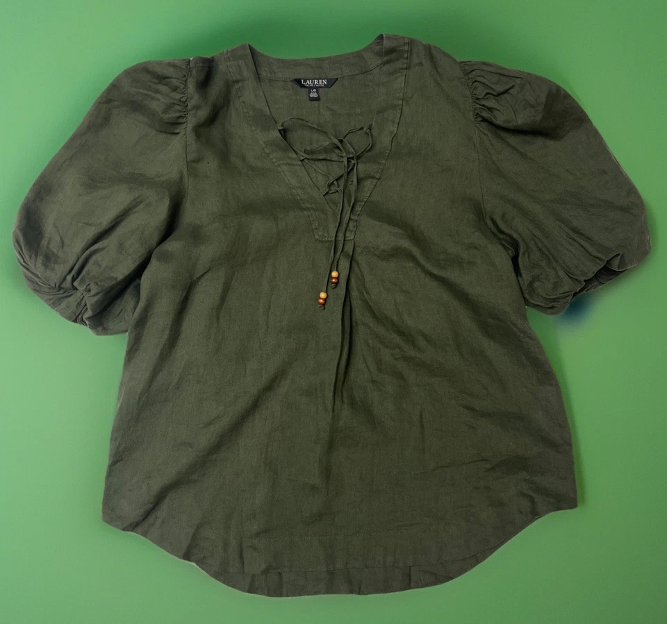 Blusa túnica campesina Lauren Ralph Lauren etiqueta negra para mujer verde 100 % lino usada en excelente estado Foto 2 de 4