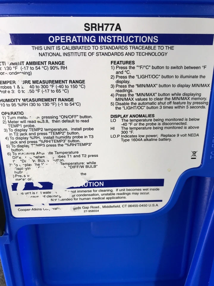 Cooper Atkins SRH77A-ONLY-E 3 zonas temperatura/humedad digital - LEER DETALLES Foto 4 de 4