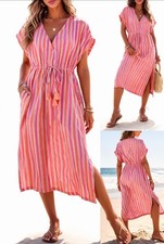 LOVE by Gap Striped Linen Blend Beach Cover-Up Dress Women’s Large Drawstring