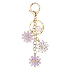 Flower Initial Letter Keychain Daisy Flower Bag Charms Letter-D , White/Purple