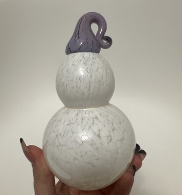 Hand Blown Art Glass Snowman Figure Ornament Clear White Swirls Purple Hat 6.5 