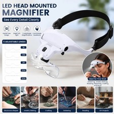LED Head Magnifier Glasses with 5 Lenses Hands Free Magnifying Headband White