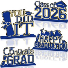 4Pcs Blue and Gold Graduation Decorations Class of 2026 Congrats Grad Wooden Tab