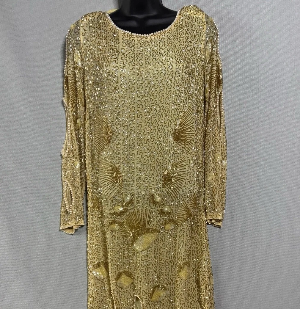 gold 70s dress 70s Gold Turtleneck Maxi Dress (M) – Holy Thrift main image 1