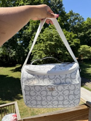 GUESS White/Gray Logo Print Insulated Crossbody Lunch Bag Zip Top Handle