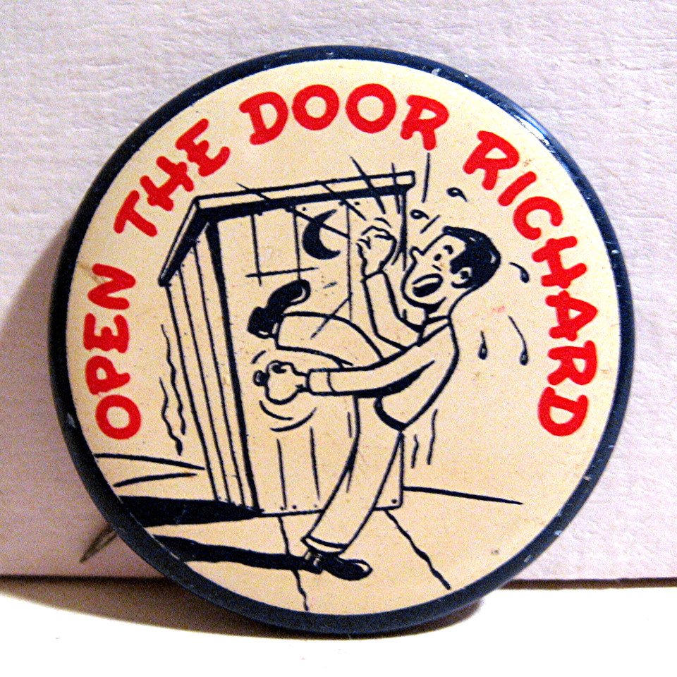 1940s–50s old-stock pinback button referencing 'Open The Door Richard' — a genuine piece of mid-century American pop culture ephemera that most people have never heard of.