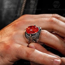 925 Sterling Silver Eagle Figure Oval Baltic Amber Stone Men's Ring