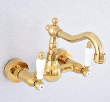 Golden Brass Wall Mounted Dual Ceramic Handles Bathroom Basin Sink Faucet Zsf607