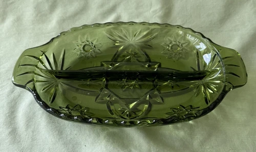 Vintage Green Glass Star Of David Oblong Divided Dish
