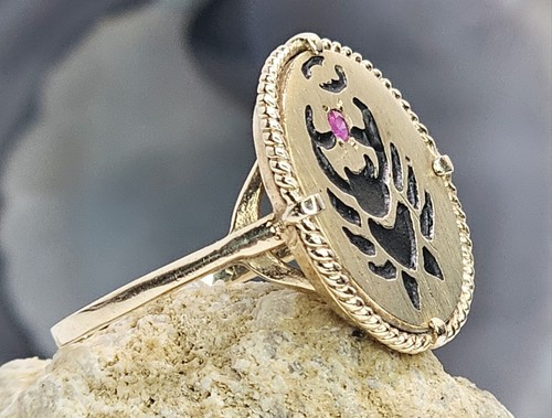 Vintage 10K Solid Yellow Gold & Single Ruby Zodiac / Cancer Ring Size 10.25 - Picture 3 of 7