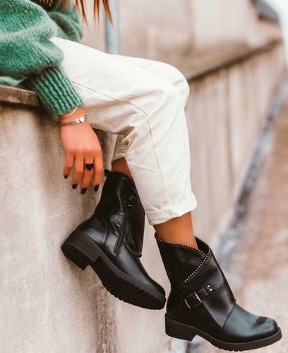 Stivali donna bassi biker boots motociclista stivaletti fibbie anfibi nero  moda | eBay