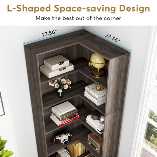 71" Corner Bookcase 5-Tier L-Shaped Bookshelf Large Storage Sheves Home Office - Picture 6 of 12