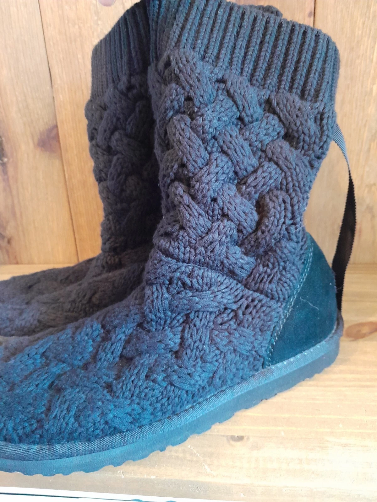 Stivali UGG Australia Isla donna 9 neri maglia cavo maglione fiocco metà polpaccio 1008840