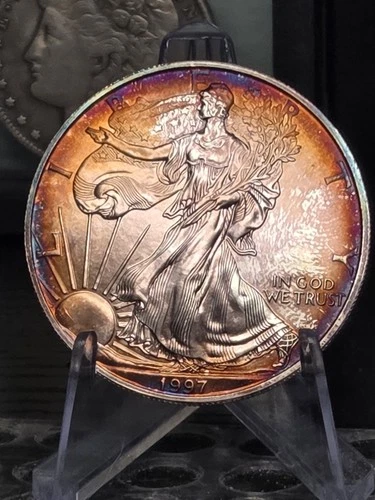 1997 American Silver Eagle 1 oz BU With Red Toning All Natural.