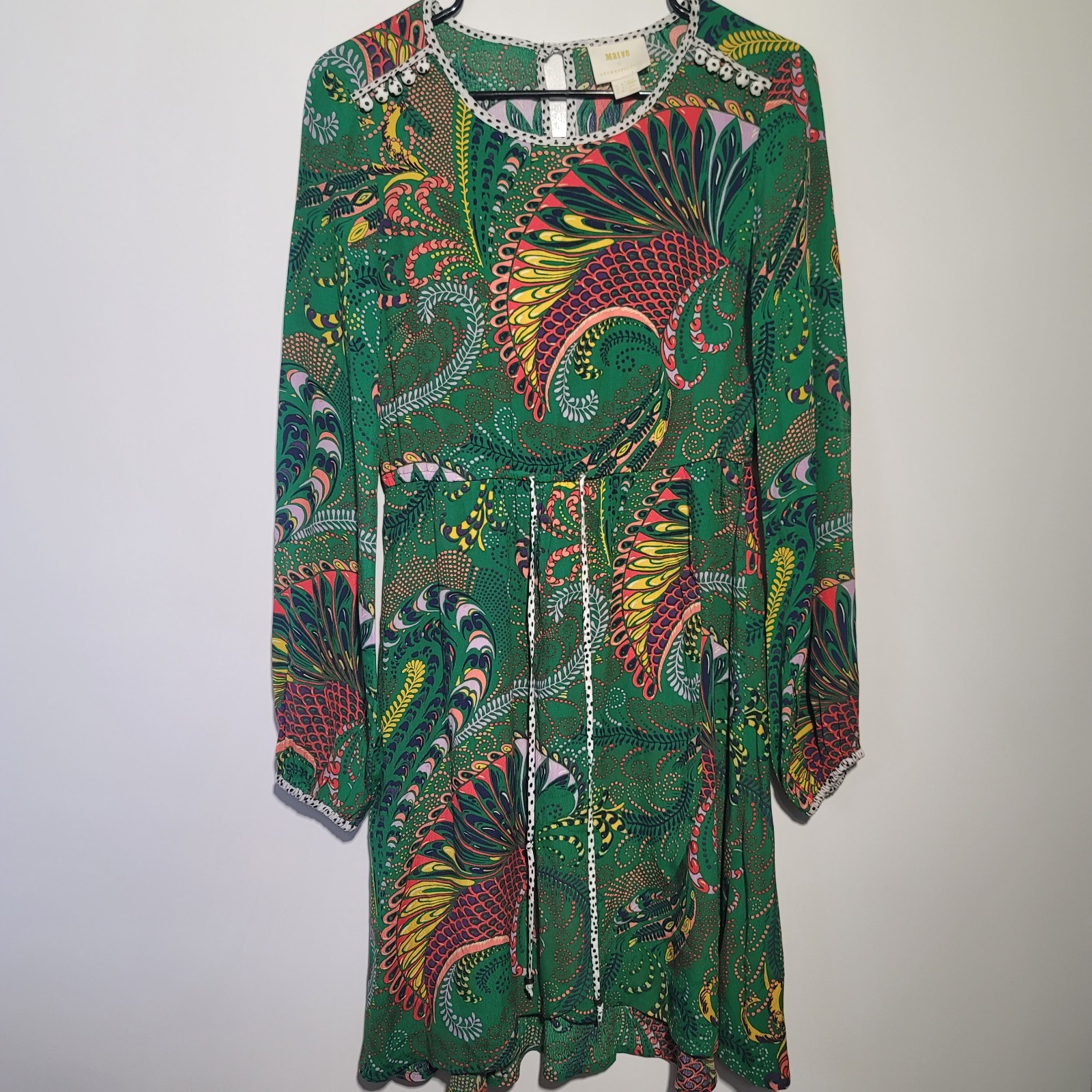 Maeve by Anthropologie Green Paisley Peacock Print Long Sleeve Mini Dress Size 2